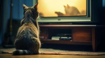 A cat is watching TV in a dark empty room. . photo