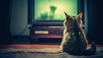 A cat is watching TV in a dark empty room. . photo