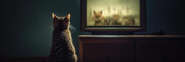 A cat is watching TV in a dark empty room. . photo