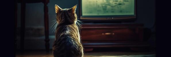 A cat is watching TV in a dark empty room. . photo