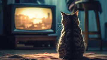A cat is watching TV in a dark empty room. . photo