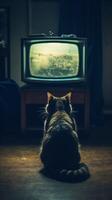 A cat is watching TV in a dark empty room. . photo