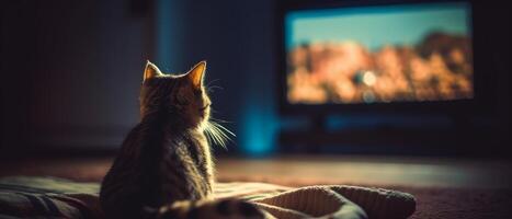A cat is watching TV in a dark empty room. . photo