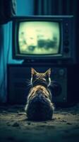A cat is watching TV in a dark empty room. . photo