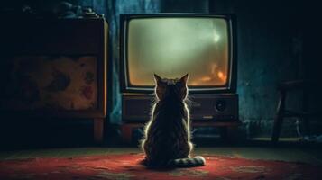 A cat is watching TV in a dark empty room. . photo