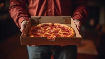 Hands holding a pizza box. Pizza is ready for delivery. . photo