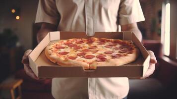 Hands holding a pizza box. Pizza is ready for delivery. . photo