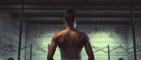 African american woman working out in gym on gym background, copy space for text or design. . photo