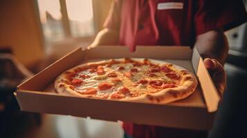 Hands holding a pizza box. Pizza is ready for delivery. . photo