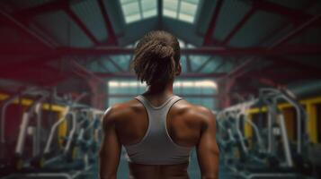 African american woman working out in gym on gym background, copy space for text or design. . photo