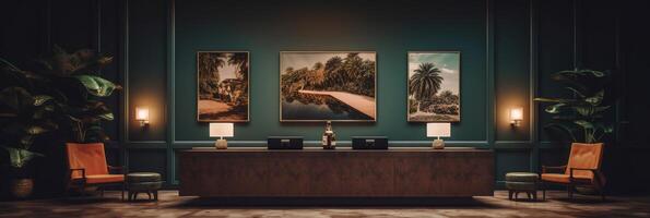 A hotel with a picture on the wall. . photo