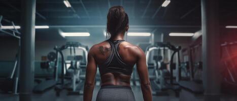 African american woman working out in gym on gym background, copy space for text or design. . photo