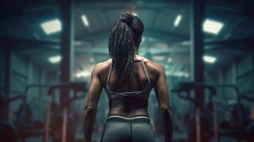 African american woman working out in gym on gym background, copy space for text or design. . photo