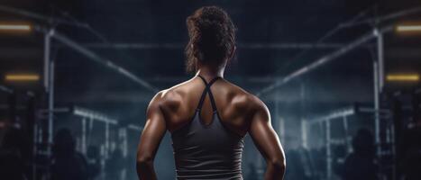 African american woman working out in gym on gym background, copy space for text or design. . photo