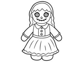 Black outline of a haunted doll with stitched smile and button eyes isolated on white background. Concept of spooky character, Halloween decoration, rag doll, creepy toy, and minimalist illustration. vector