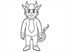 Black and white illustration of cartoon devil character outline isolated on white background. Concept of demon, mythical creature, Halloween theme, whimsical art, coloring page. Print, design element vector