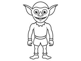 Goblin black outline illustration isolated on white background. Concept of fantasy creature, troll, Halloween, mythical character, cute monster, playful imp, design element, art, print, illustration. vector
