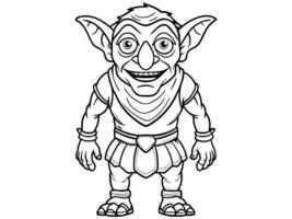 Goblin black outline illustration isolated on white background. Concept of fantasy creature, troll, Halloween, mythical character, cute monster, playful imp, design element, art, print, illustration. vector