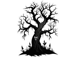 Black silhouette of a spooky tree with an ominous face and creepy roots isolated on a white background. Concept of Halloween, haunted tree, horror, haunted forest, evil nature. vector