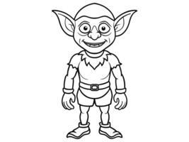 Goblin black outline illustration isolated on white background. Concept of fantasy creature, troll, Halloween, mythical character, cute monster, playful imp, design element, art, print, illustration. vector