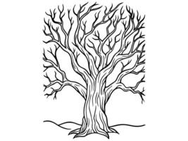 Black outline of a barren tree isolated on a white background. Concept of nature illustration, minimalist style, leafless design, artistic tree. Print, icon, design element. vector
