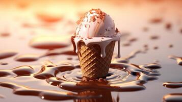 Ice cream cone hangs in the air decorated with melted chocolate. Feeling of joy and pleasure. . photo
