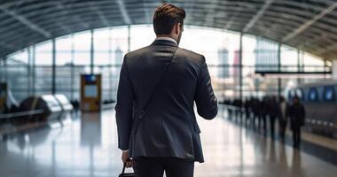 Business man in a suit at the airport, travel and business concept. . photo