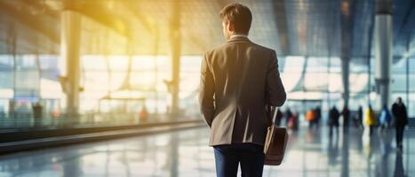 Business man in a suit at the airport, travel and business concept. . photo
