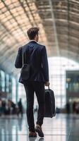 Business man in a suit at the airport, travel and business concept. . photo