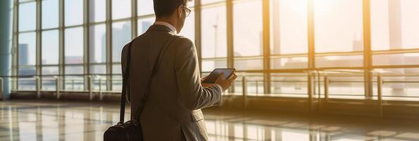 Business man in a suit at the airport, travel and business concept. . photo
