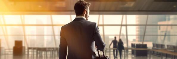 Business man in a suit at the airport, travel and business concept. . photo