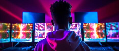 Young black gamer is immersed in computer games with bright neon lighting. . photo
