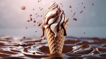 Ice cream cone hangs in the air decorated with melted chocolate. Feeling of joy and pleasure. . photo