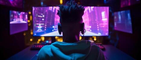 Young black gamer is immersed in computer games with bright neon lighting. . photo