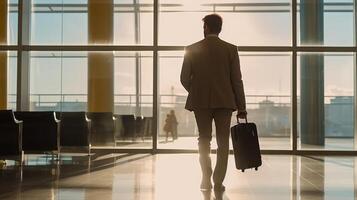 Business man in a suit at the airport, travel and business concept. . photo
