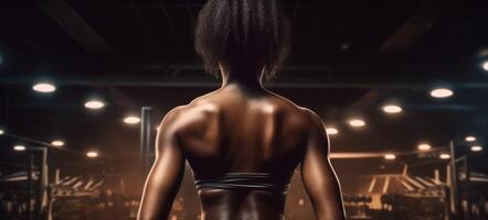African american woman working out in gym on gym background, copy space for text or design. . photo