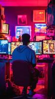 Young black gamer is immersed in computer games with bright neon lighting. . photo