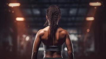 African american woman working out in gym on gym background, copy space for text or design. . photo