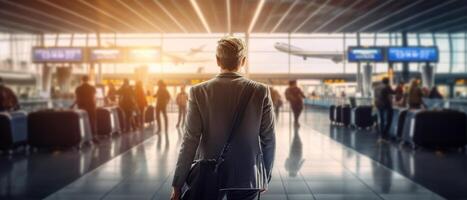 Business man in a suit at the airport, travel and business concept. . photo