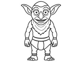 Goblin black outline illustration isolated on white background. Concept of fantasy creature, troll, Halloween, mythical character, cute monster, playful imp, design element, art, print, illustration. vector