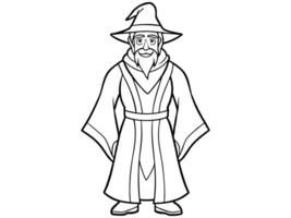 Black and white outline illustration of a wizard in a robe and hat holding a staff. Concept of sorcerer, magic, fantasy, character, medieval. Print, design element, art. vector
