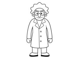 Cartoon outline of eccentric mad scientist character in lab coat isolated on white background. Concept of crazy professor, mad genius, Halloween character. Print, design element. vector