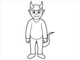 Black and white illustration of cartoon devil character outline isolated on white background. Concept of demon, mythical creature, Halloween theme, whimsical art, coloring page. Print, design element vector