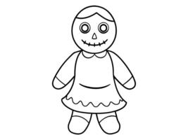 Black outline of a haunted doll with stitched smile and button eyes isolated on white background. Concept of spooky character, Halloween decoration, rag doll, creepy toy, and minimalist illustration. vector