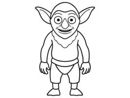 Goblin black outline illustration isolated on white background. Concept of fantasy creature, troll, Halloween, mythical character, cute monster, playful imp, design element, art, print, illustration. vector