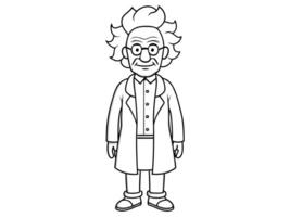 Cartoon outline of eccentric mad scientist character in lab coat isolated on white background. Concept of crazy professor, mad genius, Halloween character. Print, design element. vector