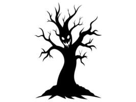 Black silhouette of a spooky tree with an ominous face and creepy roots isolated on a white background. Concept of Halloween, haunted tree, horror, haunted forest, evil nature. vector