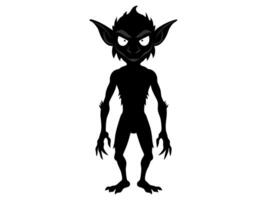 Black silhouette of a goblin isolated on a white background. Concept of Halloween, mythical creature, troll, fantasy character, eerie illustration, design art. vector