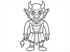 Black and white illustration of cartoon devil character outline isolated on white background. Concept of demon, mythical creature, Halloween theme, whimsical art, coloring page. Print, design element vector