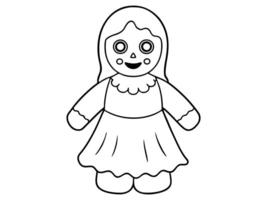 Black outline of a haunted doll with stitched smile and button eyes isolated on white background. Concept of spooky character, Halloween decoration, rag doll, creepy toy, and minimalist illustration. vector